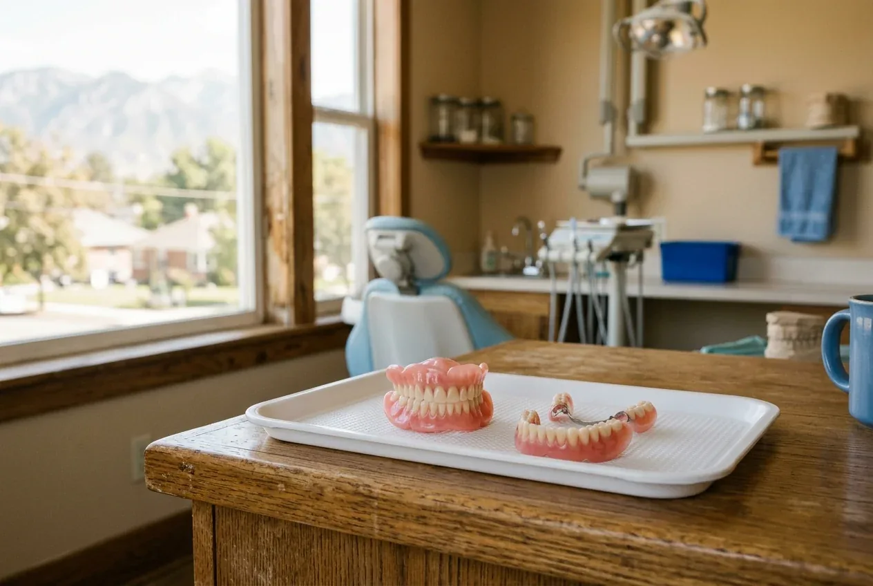 Full and partial dentures resting on a tray in a dental office.